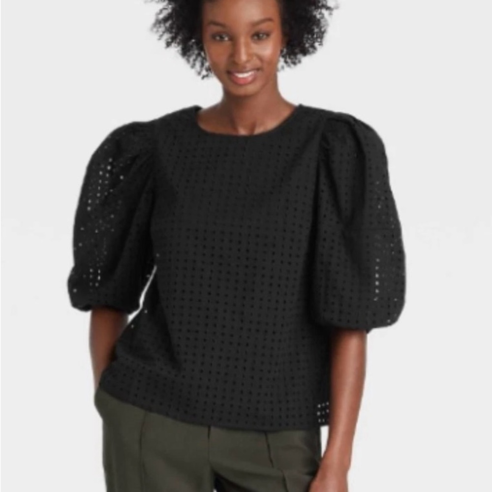 a new day Black Eyelet Puff Sleeve Blouse